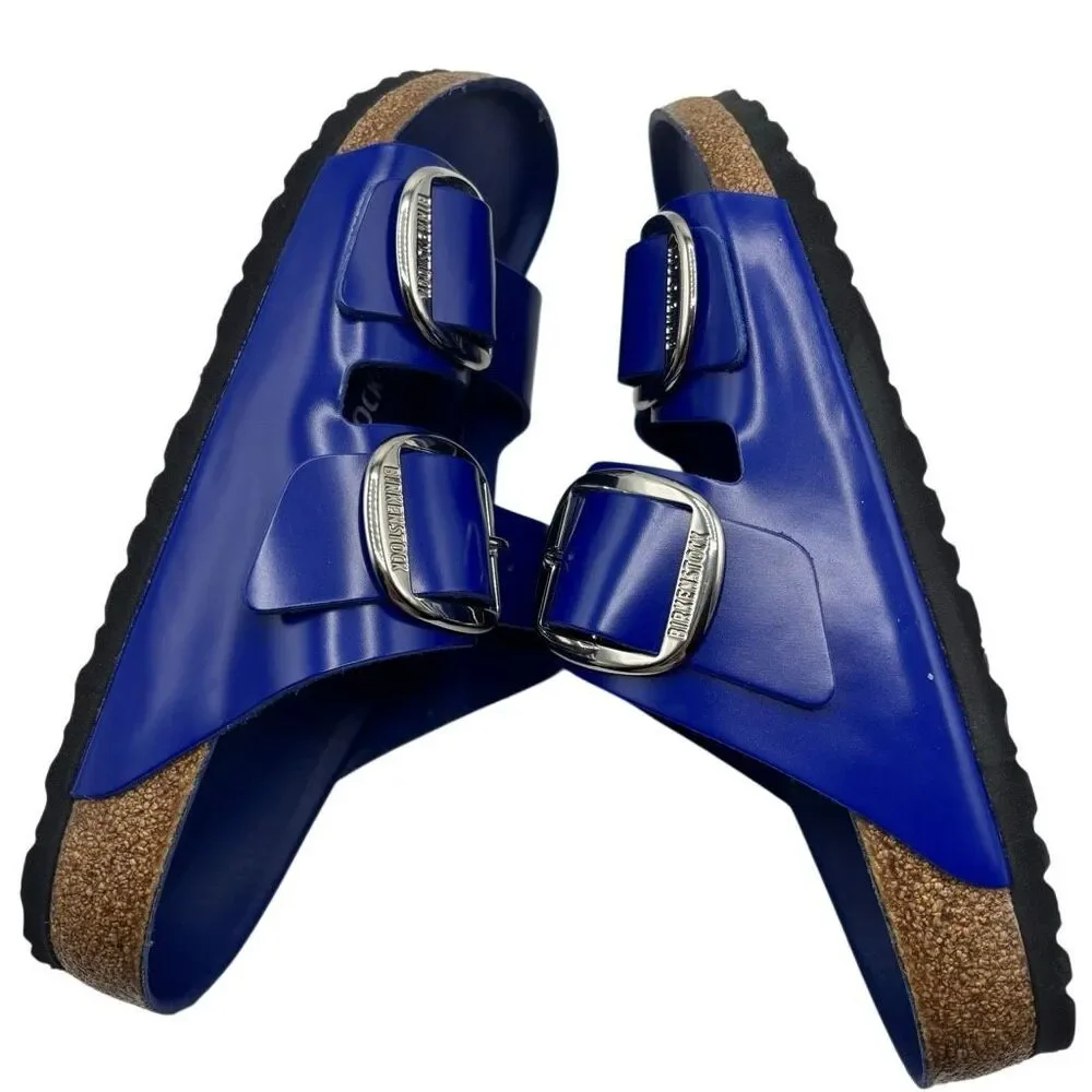 Birkenstock Arizona Big Buckle Natural Leather Patent High Shine Cobalt L-11 M-9 - Picture 5 of 9